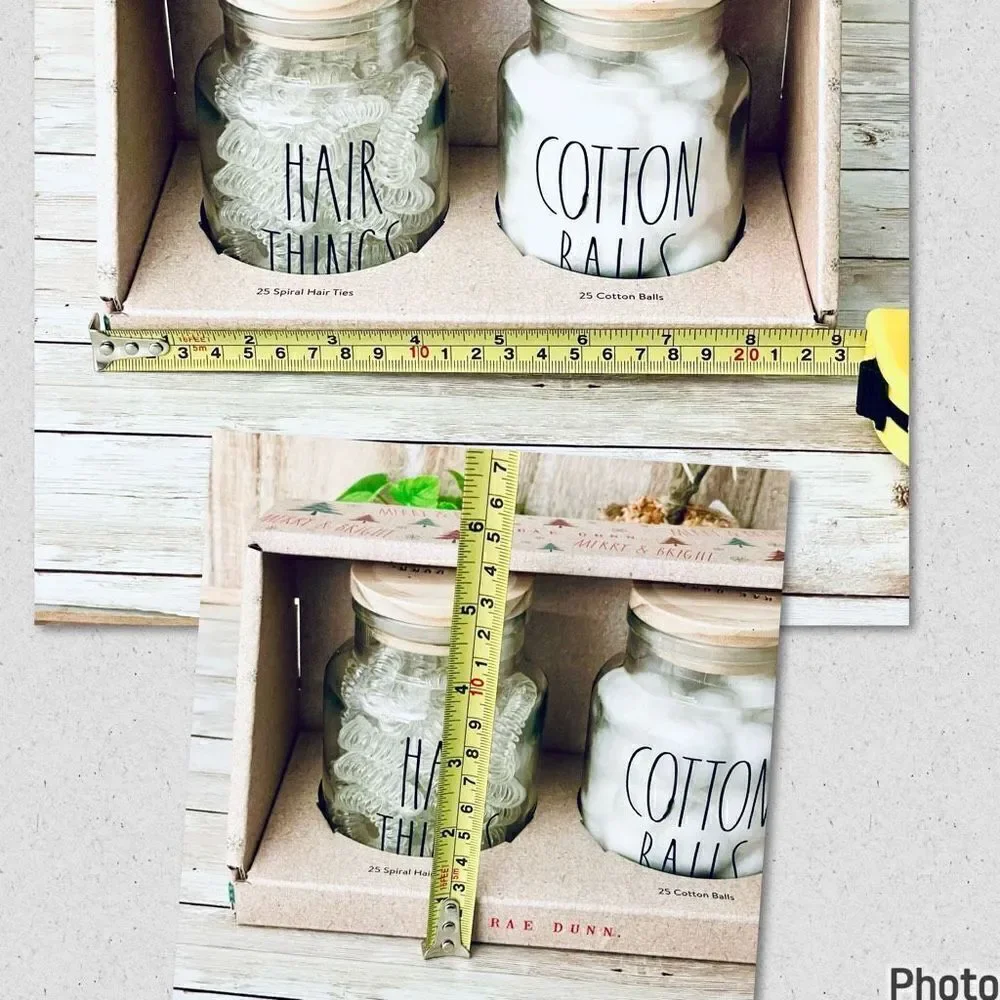 NWT Rae Dunn HAIR THINGS COTTON BALLS Spiral Hair Ties 25 each 2 Jar set w lids